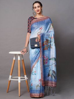 Odette - Blue Festive Linen Blend Printed Saree with Unstitched Blouse
