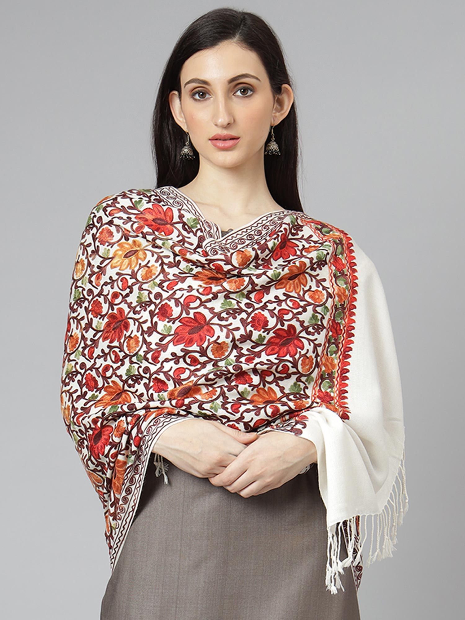 zamour Off White Black Kashmiri Embroidered Woollen Shawl-picture-10