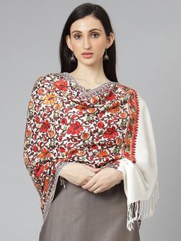 Zamour - Off White Black Kashmiri Embroidered Woollen Shawl