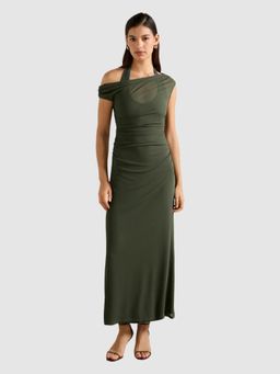 Forever New - Green Off-Shoulder Asymmetrical Neck Ruched Maxi Dress