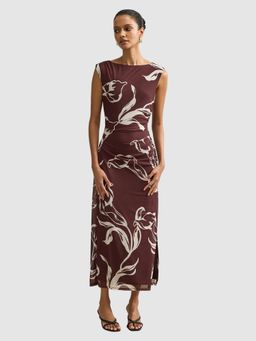 Forever New - Ally Petite Brown Abstract Printed Side Slit Jersey Midi Dress