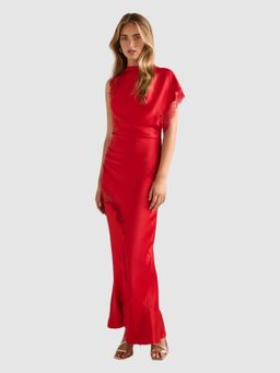 Forever New - Red Satin Lace Detail One Flared Sleeve Maxi Dress