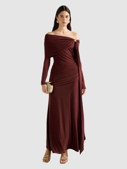 Forever New - Brown Off-Shoulder Gathered Sash Detail Maxi Dress