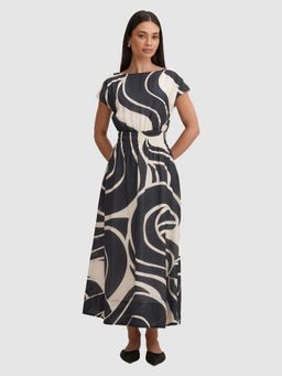 Forever New - Grey and Off-White Printed Callie Elastic Waist Midi Dress
