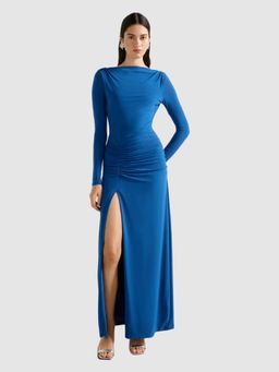 Forever New - Blue Front High Slit Full Sleeves Ruched Maxi Dress