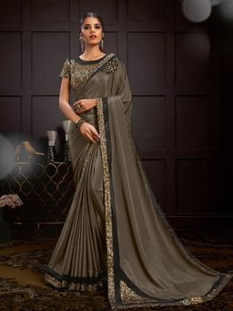 Odette - Brown Satin Georgette Designer Saree with Unstitched Blouse