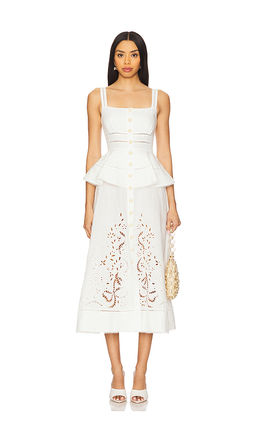 self-portrait - Linen Peplum Midi Dress