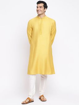 Fabindia - Yellow Viscose Silk Woven Long Kurta