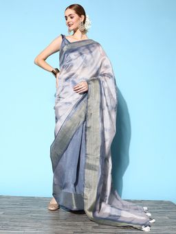 Akhilam - Womens Cotton Silk Grey Printed Celebrity Saree with Unstitched Blouse