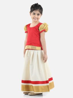 BownBee - Girlshalf Sleeve South Indian Pavda Pattu Lehenga- Red (Set of 2)