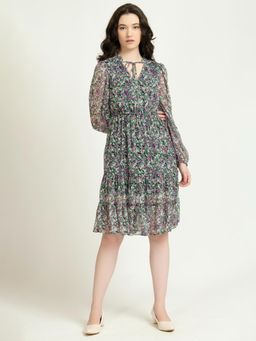 June 9 Clothing - Black and Green Poly Chiffon Ditsy Floral Mini Dress