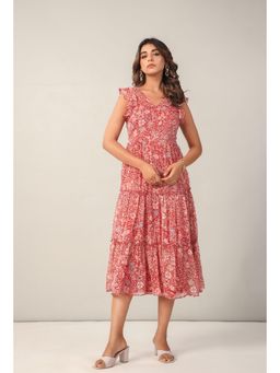 June 9 Clothing - Red Floral Print Chiffon Midi Dress