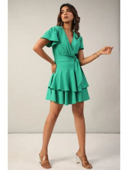 June 9 Clothing - Emerald Green Wrap Ruffle Mini Dress