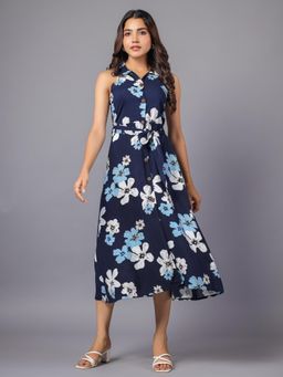 June 9 Clothing - Navy Blue Floral Printed Midi Shirt Dress with Belt
