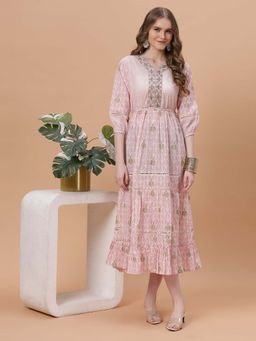 Fantasia - Women Pink Printed Cotton Dress with Belt