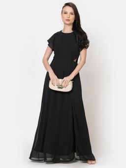 June 9 Clothing - Women's Black Georgette Waist Cut-Out Maxi Dress
