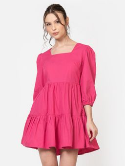 June 9 Clothing - Women's Pink Cotton Solid Flared Mini Dress