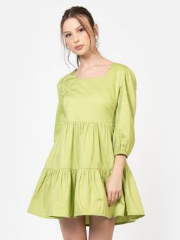 June 9 Clothing - Green Solid Cotton Satin A-Line Mini Dress