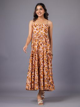 June 9 Clothing - Beige And Brown Printed Strappy Tiered Maxi Dress