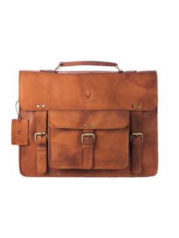 WILDHORN - Men Tan Brown Solid 15 Inch Leather Laptop Bag with Detachable Strap