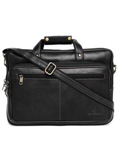 WILDHORN - Men Black Textured 16 Inch Leather Laptop Bag With Detachable Strap