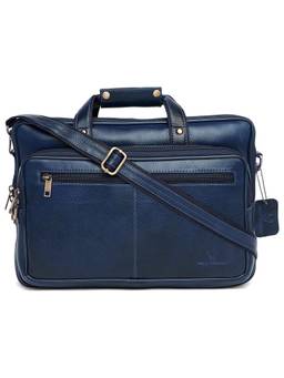 WILDHORN - Men Navy Textured 16 Inch Leather Laptop Bag With Detachable Strap