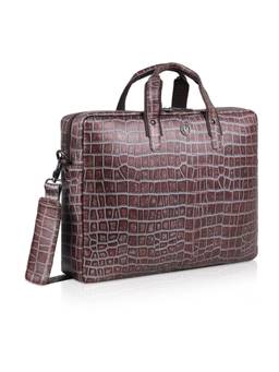 WILDHORN - Men Croc Textured Leather Laptop Bag With Detachable Strap - Brown