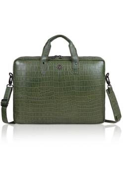 WILDHORN - Men Croc Textured Leather Laptop Bag With Detachable Strap - Green