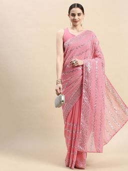VAIRAGEE - Pink Sequence Embroidery Soft Georgette Saree with Unstitched Blouse