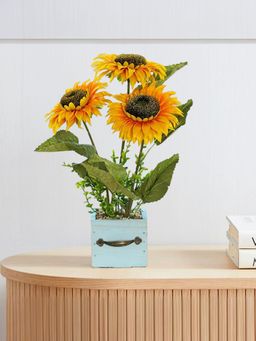 The Better Home - Artificial Plants 3 Headed Yellow Sunflower with Wooden Pot