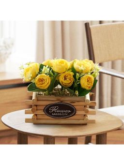 The Better Home - Artificial 10 Headed Yellow Roses Flowers in Wooden Pot