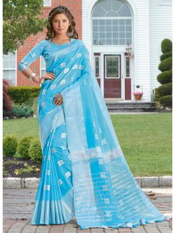 Sangam Prints - Sky Blue Woven Work Traditional Saree with Unstitched Blouse