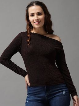 SHOWOFFFF - Womens One Shoulder Maroon Fitted Regular Top
