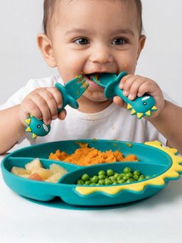 Haus & Kinder - Baby Dino Silicon Suction Feeding Set-Plate With Spoon And Fork
