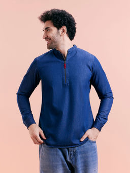 KISAH - Men Blue Solid Denim Short Kurta