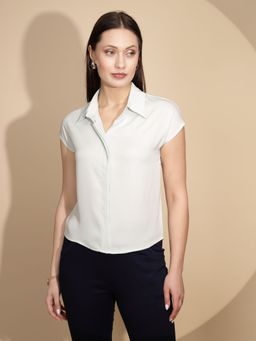 Global Republic - Women Solid Blue Cap Sleeves Collar Neck Top