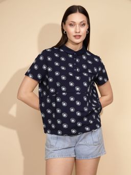Global Republic - Women Floral Navy Blue Half Sleeves Collar Neck Polo T-Shirt