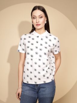 Global Republic - Women Floral White Half Sleeves Collar Neck Polo T-Shirt
