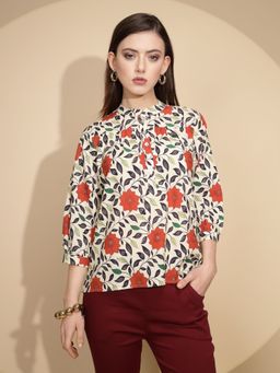 Global Republic - Women Floral Multi-Color Three Fourth Sleeves Mandarin Neck Top