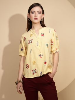 Global Republic - Women Floral Yellow Puff Sleeves Mandarin Neck Top