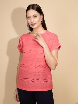 Global Republic - Women Embroidered Pink Half Sleeves Round Neck Top