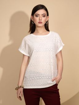 Global Republic - Women Embroidered White Half Sleeves Round Neck Top