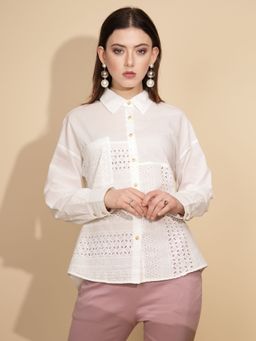 Global Republic - Women Embroidered White Full Sleeves Collar Neck Shirt