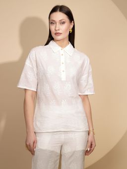 Global Republic - Women Embroidered White Three Fourth Sleeves Collar Neck Top