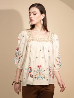 Global Republic - Women Printed Beige Balloon Sleeve Square Neck Top