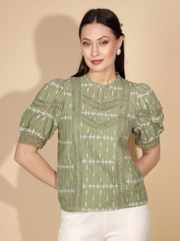 Global Republic - Women Printed Green Puff Sleeves Ruffled Neck Top