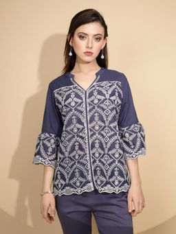 Global Republic - Women Embroidered Navy Blue Bell Sleeves Mandarin Neck Top