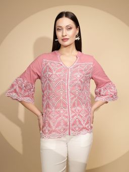 Global Republic - Women Embroidered Pink Bell Sleeves Mandarin Neck Top