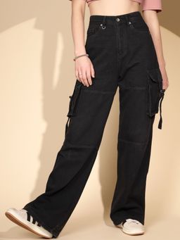 Global Republic - Women Solid Black Wide Leg Cargo Jeans