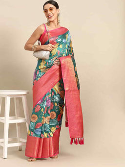 Silk Land - Women Kalamkari Printed Soft Silk Saree with Unstitched Blouse - Turquoise